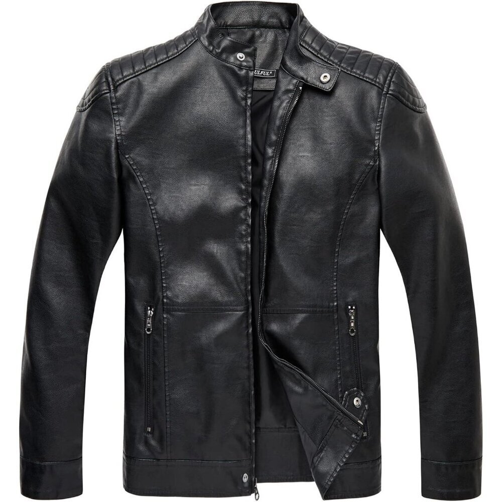 Men's Black Faux Leather Stand Collar Zipper Classic Slim Fit Biker Jacket